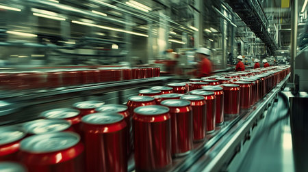 High-speed production of tin cans in a food processing plant, with machinery working efficiently.の素材