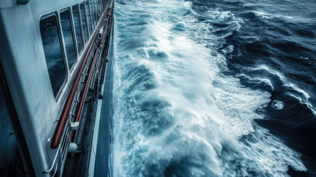 The deep churn of water behind a cruise ship, showing the immense power and movement of the vessel.の素材