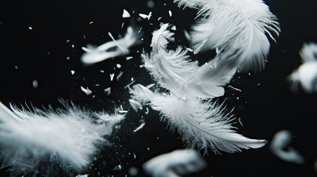 High-speed capture of several white feathers dispersing and tumbling in mid-air against black.の素材