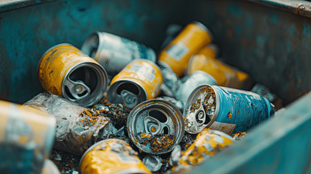 Crushed tin and aluminum cans in a recycling bin, symbolizing sustainability and waste reduction.の素材