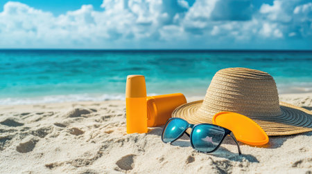 Sun protection essentials including sunscreen, a beach hat, and sunglasses spread out on the sandy beach with the ocean in the backgroundの素材