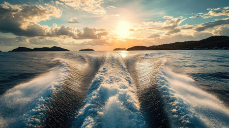 The powerful wake of a speedboat on a tropical sea, with distant islands on the horizon and the sun shining overhead.の素材