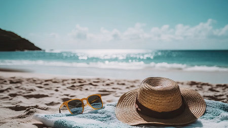 Sun protection essentials like SPF lotion, sunglasses, and a hat on a beach towel under the bright sun, with the sound of ocean waves in the backgroundの素材