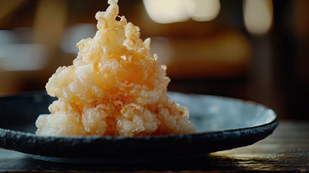 A close-up of crispy shrimp tempura piled on a dark ceramic plate, resting on a warm-toned wooden background.の素材