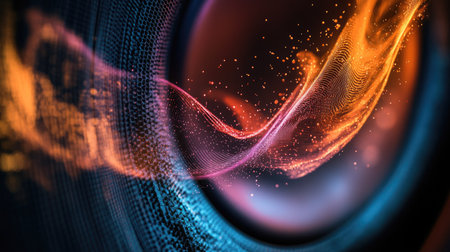 A close-up of a closed speaker with visible sound waves emanating from it, creating a dynamic effect in the air.の素材