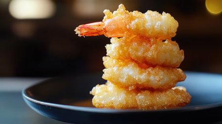 A close-up of golden, crispy shrimp tempura pieces stacked on a modern black plate against a sleek background.の素材