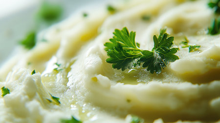 A close-up macro shot of mashed potatoes with a parsley garnish, showing the creamy texture and vibrant green contrast on a white background.の素材