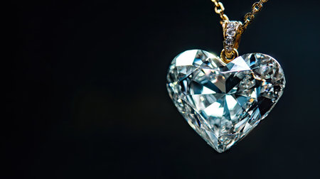 A close-up of a heart-shaped diamond pendant, glowing softly against a dark black background.の素材