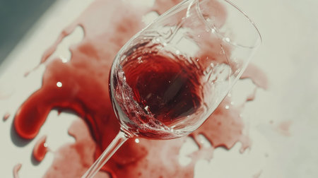 A close-up of a broken wine glass, its stem completely detached, lying next to spilled wine on white.の素材