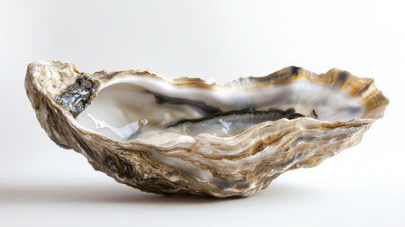 A close-up of a single oyster shell, freshly opened with a moist, glistening interior, floating against a white background.の素材