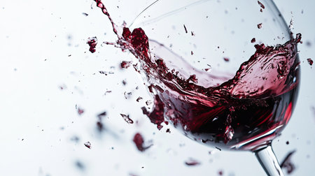 A close-up of a broken wine glass with red wine splashed onto the white surface, pieces scattered nearby.の素材