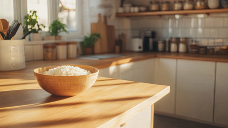 A cozy kitchen setting featuring a bowl of freshly made white rice on a warm wooden counter.の素材
