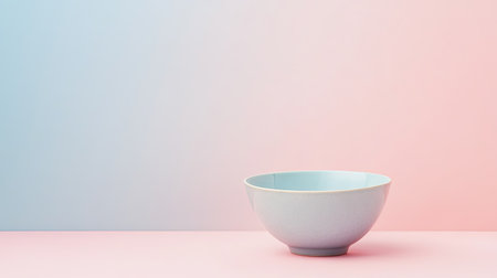 A clean and simple image of a rice bowl placed on a pastel-colored background with soft lighting.の素材
