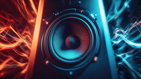A close-up of a sound system with energetic sound waves traveling in all directions from the speaker.の素材