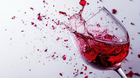 A close-up of a broken wine glass with red wine splashed onto the white surface, pieces scattered nearby.の素材