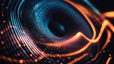 A close-up of a speaker surrounded by visually stunning sound waves glowing in the dark.の素材