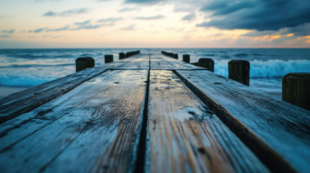 A close-up view of a wooden pier with weathered planks, leading out toward the ocean with waves rolling gently.の素材