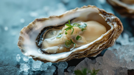 A rustic yet luxurious seafood image of an oyster shell cracked open, showcasing fresh, moist oyster meat inside.の素材