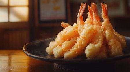 A close-up of crispy shrimp tempura piled on a dark ceramic plate, resting on a warm-toned wooden background.の素材