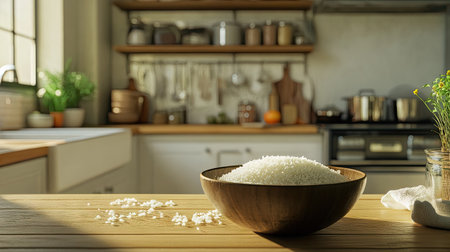 A cozy kitchen setting featuring a bowl of freshly made white rice on a warm wooden counter.の素材