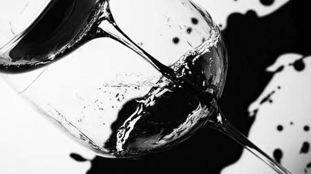 A close-up of a broken wine glass, its stem completely detached, lying next to spilled wine on white.の素材