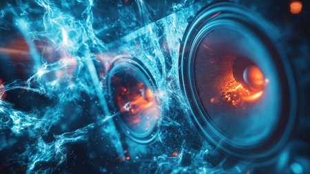 A close-up of a sound system with energetic sound waves traveling in all directions from the speaker.の素材