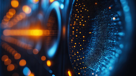 A close-up of a sound system with energetic sound waves traveling in all directions from the speaker.の素材