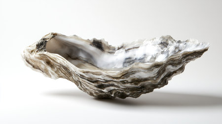 A close-up of a single oyster shell, freshly opened with a moist, glistening interior, floating against a white background.の素材