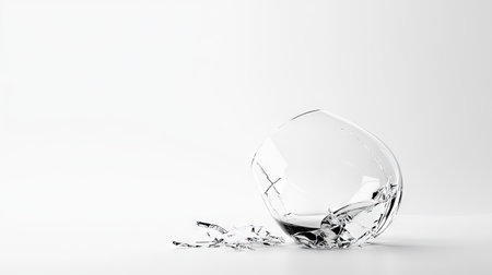 A cracked wine glass with wine spilling out, lying on its side against a stark white background.の素材