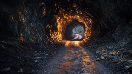 A dark and rugged road cutting through a rocky tunnel, the distant light creating a sense of mystery.の素材
