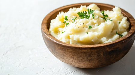A rustic-style wooden bowl filled with fluffy mashed potatoes, garnished with parsley, sitting on a white surface with soft shadows.の素材