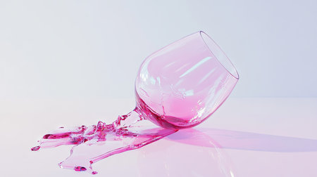 A cracked wine glass with wine spilling out, lying on its side against a stark white background.の素材