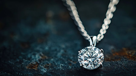 A close-up of a sparkling cut diamond pendant on a delicate silver chain, set against a dark, dramatic background.の素材