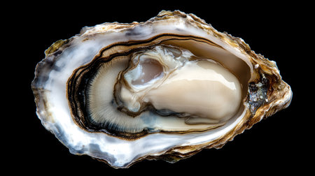 A detailed macro shot of a freshly opened oyster, highlighting the textures of the shell and the tender meat inside.の素材