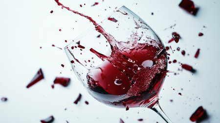 A close-up of a broken wine glass with red wine splashed onto the white surface, pieces scattered nearby.の素材