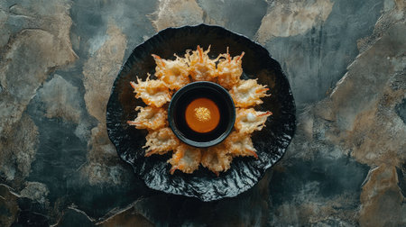 A restaurant-style serving of shrimp tempura with a soy-based dipping sauce, placed on a stone-textured background.の素材