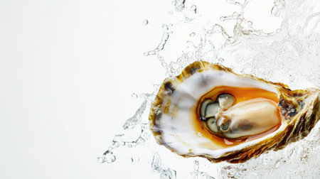 A premium seafood shot of an oyster in its shell, freshly opened with briny juices visible, against a pure white background.の素材