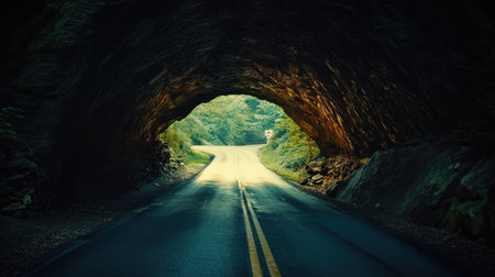 A dimly lit road winding through a natural rocky tunnel, the light at the end offering a glimpse of escape.の素材