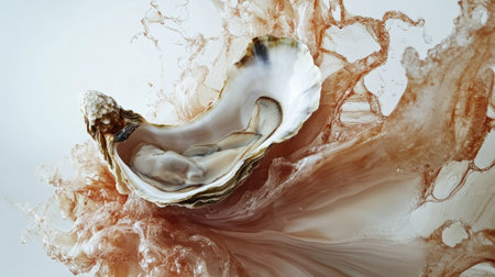 A premium seafood shot of an oyster in its shell, freshly opened with briny juices visible, against a pure white background.の素材