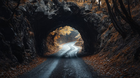 A quiet, eerie road leading through a jagged natural tunnel, with light peeking through the rocky entrance.の素材