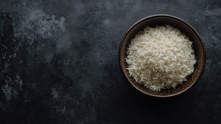 A serving of freshly cooked white rice in a round ceramic bowl, resting on a dark, moody background.の素材