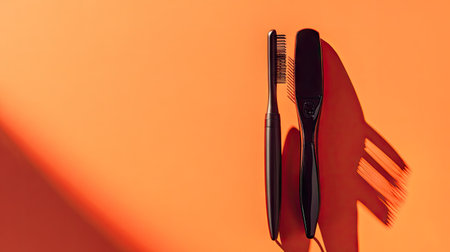A salon-style curling iron and flat iron on a bold, modern orange background.の素材