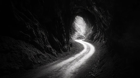 A dark, winding path through a rocky tunnel, the light at the end beckoning the way forward.の素材