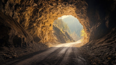 A dramatic rocky tunnel with a dark road and light streaming in from the entrance, creating a path to follow.の素材
