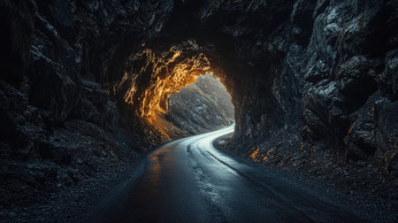 A dimly lit road winding through a natural rocky tunnel, the light at the end offering a glimpse of escape.の素材