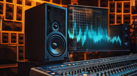 A professional speaker in a recording studio, with sound waves visibly extending outward.の素材