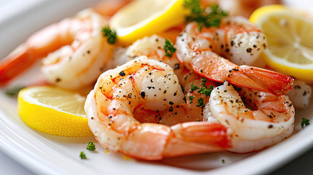 A restaurant-style seafood presentation with shrimp and lemon slices, plated elegantly on a white dish with soft lighting.の素材