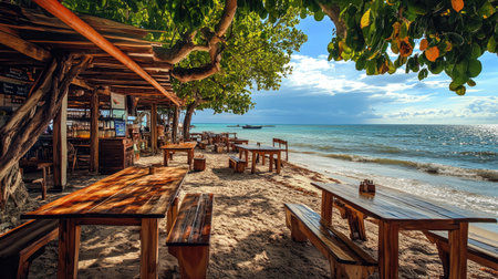 A rustic beach caf scene with large wooden tables and comfortable chairs, with the waves gently lapping the shore.の素材