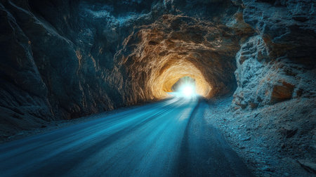 A serene yet eerie road leading through a natural rocky tunnel, with light shining brightly at the end.の素材