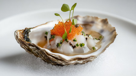 A seafood delicacy featuring an opened oyster with a glistening pearl-like texture, placed on a clean white surface.の素材